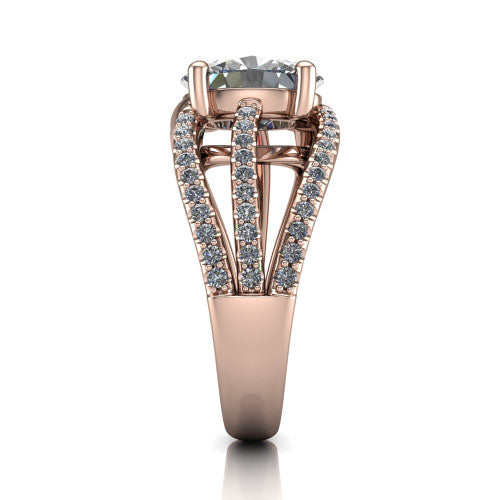 Teagan oval split shank engagement ring in 14K Rose Gold, side profile showing the multi-strand pav&eacute; split shank sweeping up to the oval center