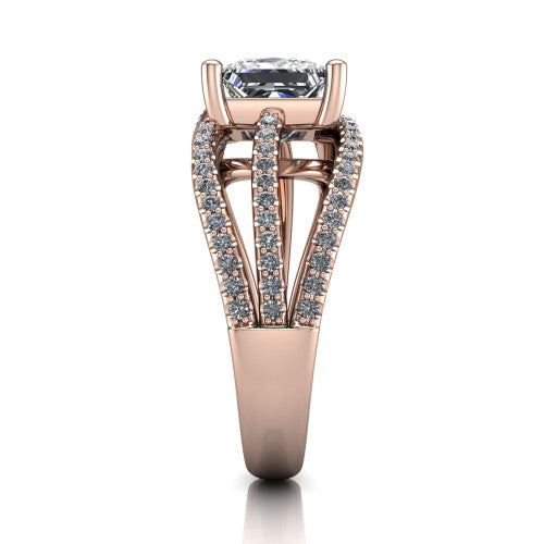 Teagan princess split shank engagement ring in 14K Rose Gold, side profile showing the multi-strand pav&eacute; split shank sweeping up to the princess center
