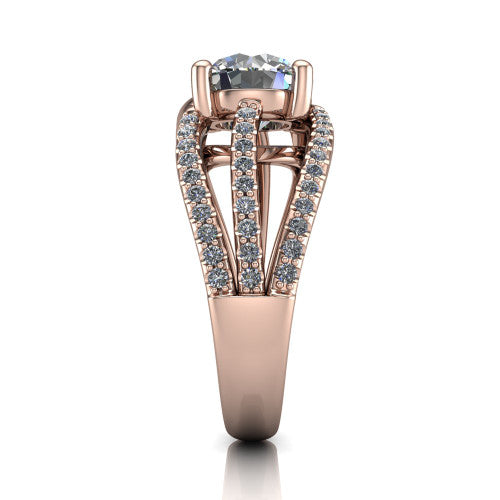 Teagan round split shank engagement ring in 14K Rose Gold, side profile showing the multi-strand pav&eacute; split shank sweeping up to the round center