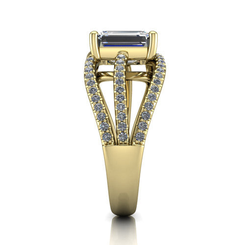 Teagan emerald split shank engagement ring in 14K Yellow Gold, side profile showing the multi-strand pav&eacute; split shank sweeping up to the emerald center