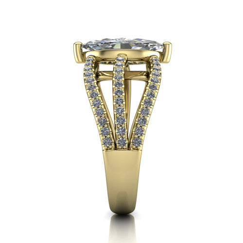 Teagan marquise split shank engagement ring in 14K Yellow Gold, side profile showing the multi-strand pav&eacute; split shank sweeping up to the marquise center