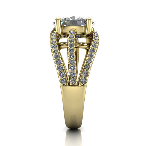 Teagan oval split shank engagement ring in 18K Yellow Gold, side profile showing the multi-strand pav&eacute; split shank sweeping up to the oval center