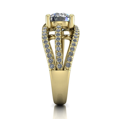 Teagan round split shank engagement ring in 18K Yellow Gold, side profile showing the multi-strand pav&eacute; split shank sweeping up to the round center
