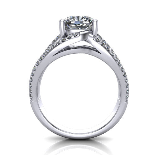Teagan cushion split shank engagement ring in Platinum, through-finger front profile showing the cushion center raised above the woven split shank