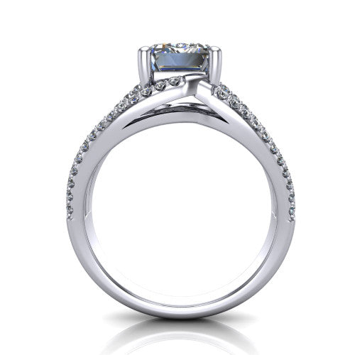 Teagan emerald split shank engagement ring in 18K White Gold, through-finger front profile showing the emerald center raised above the woven split shank