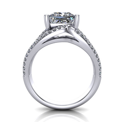 Teagan princess split shank engagement ring in 18K White Gold, through-finger front profile showing the princess center raised above the woven split shank