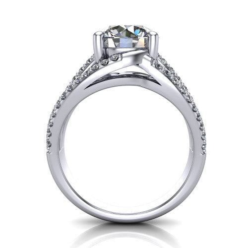 Teagan round split shank engagement ring in 14K White Gold, through-finger front profile showing the round center raised above the woven split shank