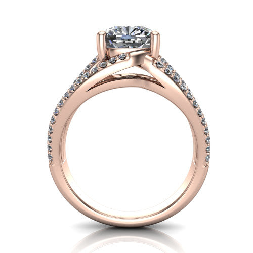 Teagan cushion split shank engagement ring in 14K Rose Gold, through-finger front profile showing the cushion center raised above the woven split shank