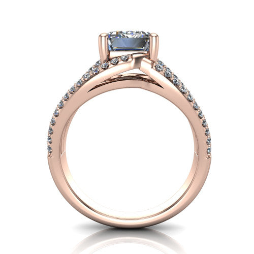 Teagan emerald split shank engagement ring in 14K Rose Gold, through-finger front profile showing the emerald center raised above the woven split shank