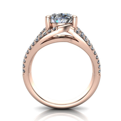 Teagan oval split shank engagement ring in 18K Rose Gold, through-finger front profile showing the oval center raised above the woven split shank