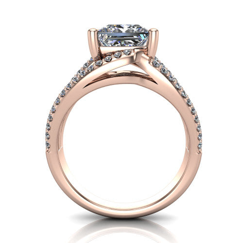 Teagan princess split shank engagement ring in 14K Rose Gold, through-finger front profile showing the princess center raised above the woven split shank