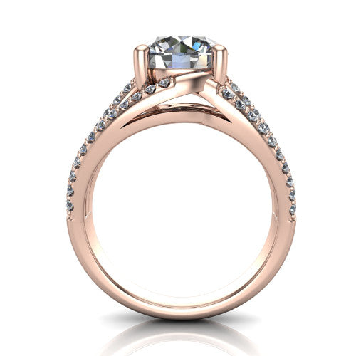 Teagan round split shank engagement ring in 14K Rose Gold, through-finger front profile showing the round center raised above the woven split shank