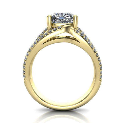 Teagan cushion split shank engagement ring in 14K Yellow Gold, through-finger front profile showing the cushion center raised above the woven split shank