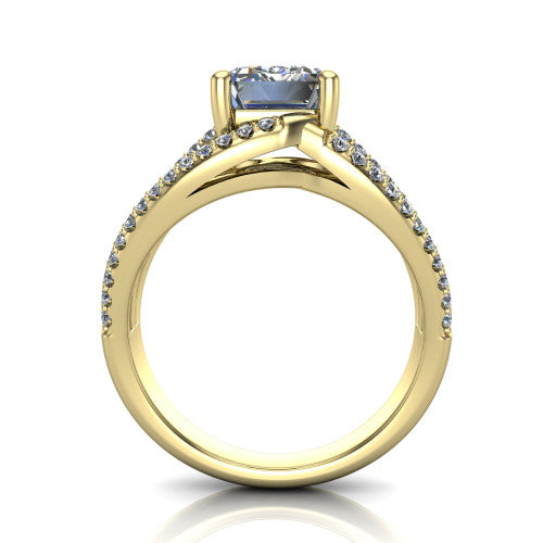 Teagan emerald split shank engagement ring in 18K Yellow Gold, through-finger front profile showing the emerald center raised above the woven split shank