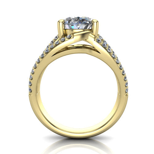 Teagan oval split shank engagement ring in 14K Yellow Gold, through-finger front profile showing the oval center raised above the woven split shank