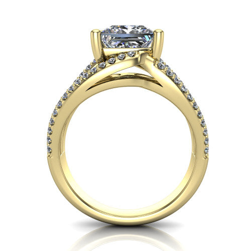 Teagan princess split shank engagement ring in 14K Yellow Gold, through-finger front profile showing the princess center raised above the woven split shank