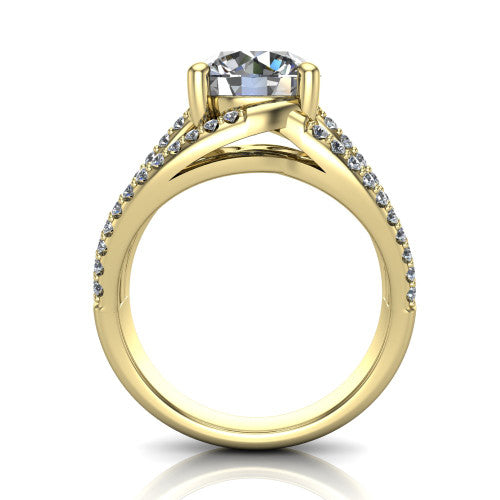 Teagan round split shank engagement ring in 18K Yellow Gold, through-finger front profile showing the round center raised above the woven split shank