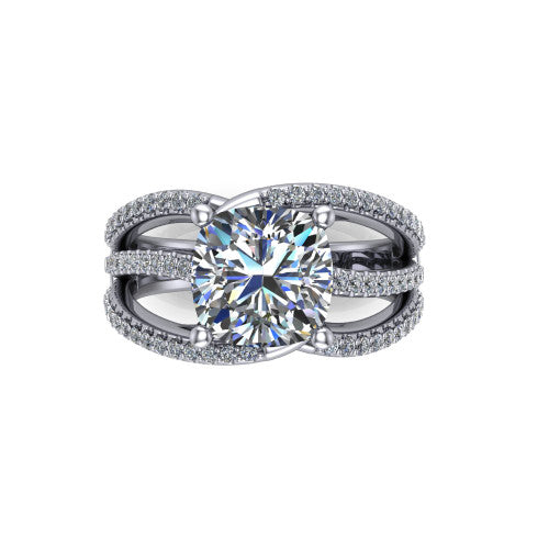 Teagan cushion split shank engagement ring in 14K White Gold, top-down view showing the cushion center and the interlaced pav&eacute; split bands
