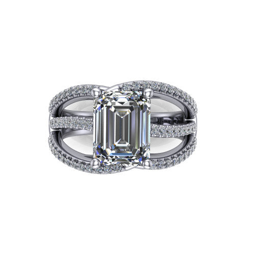 Teagan emerald split shank engagement ring in Platinum, top-down view showing the emerald center and the interlaced pav&eacute; split bands