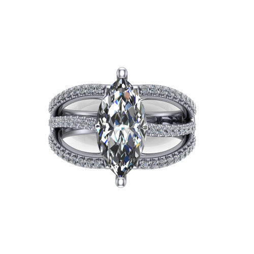 Teagan marquise split shank engagement ring in 18K White Gold, top-down view showing the marquise center and the interlaced pav&eacute; split bands
