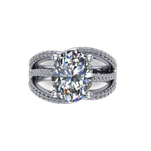 Teagan oval split shank engagement ring in Platinum, top-down view showing the oval center and the interlaced pav&eacute; split bands