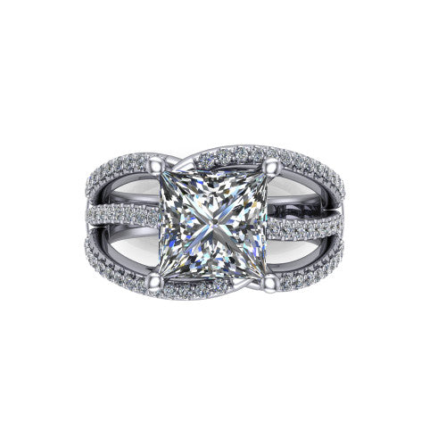 Teagan princess split shank engagement ring in Platinum, top-down view showing the princess center and the interlaced pav&eacute; split bands