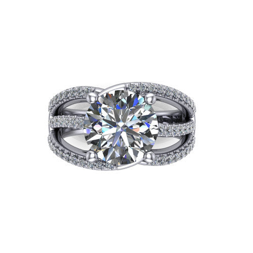 Teagan round split shank engagement ring in 14K White Gold, top-down view showing the round center and the interlaced pav&eacute; split bands
