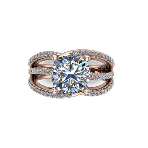 Teagan cushion split shank engagement ring in 14K Rose Gold, top-down view showing the cushion center and the interlaced pav&eacute; split bands