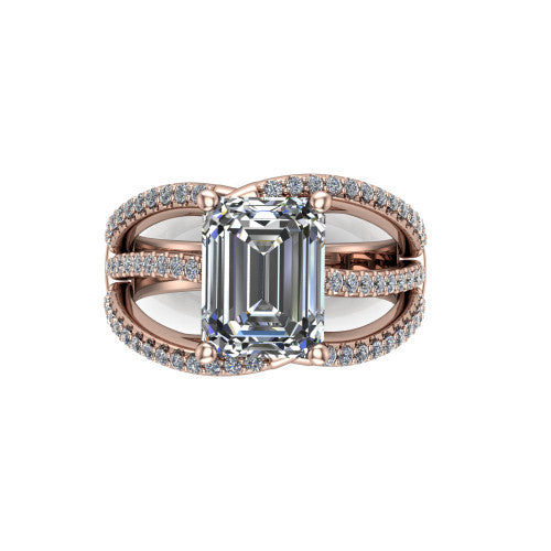 Teagan emerald split shank engagement ring in 18K Rose Gold, top-down view showing the emerald center and the interlaced pav&eacute; split bands