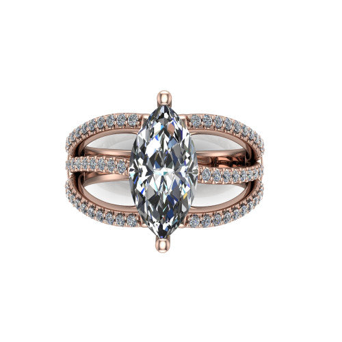 Teagan marquise split shank engagement ring in 14K Rose Gold, top-down view showing the marquise center and the interlaced pav&eacute; split bands
