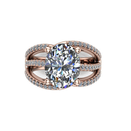 Teagan oval split shank engagement ring in 14K Rose Gold, top-down view showing the oval center and the interlaced pav&eacute; split bands