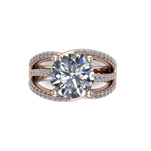 Teagan round split shank engagement ring in 18K Rose Gold, top-down view showing the round center and the interlaced pav&eacute; split bands