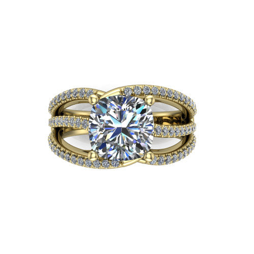 Teagan cushion split shank engagement ring in 14K Yellow Gold, top-down view showing the cushion center and the interlaced pav&eacute; split bands