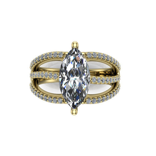 Teagan marquise split shank engagement ring in 18K Yellow Gold, top-down view showing the marquise center and the interlaced pav&eacute; split bands