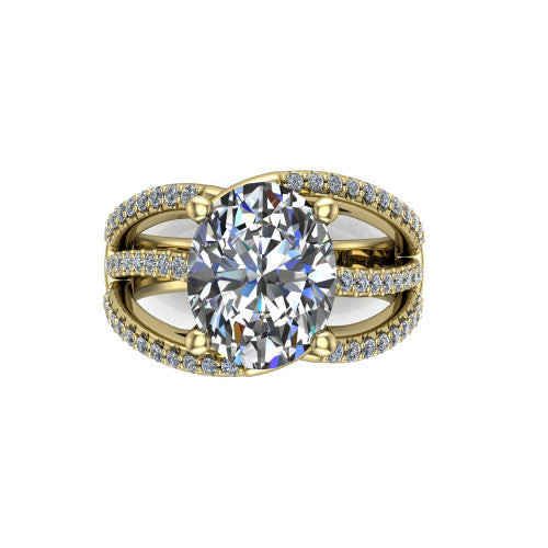 Teagan oval split shank engagement ring in 14K Yellow Gold, top-down view showing the oval center and the interlaced pav&eacute; split bands