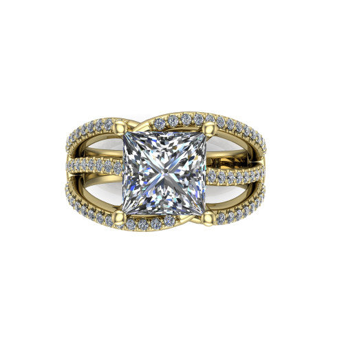 Teagan princess split shank engagement ring in 14K Yellow Gold, top-down view showing the princess center and the interlaced pav&eacute; split bands