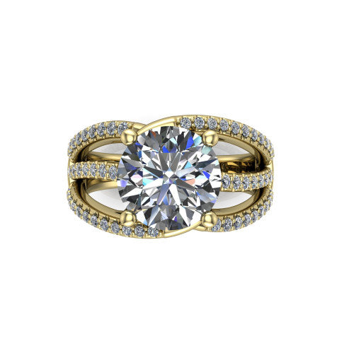 Teagan round split shank engagement ring in 14K Yellow Gold, top-down view showing the round center and the interlaced pav&eacute; split bands