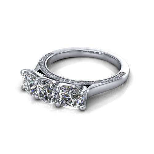 Maryam cushion three stone engagement ring in 18K White Gold, three-quarter perspective showing three cushion diamonds set side by side above a pav&eacute; band