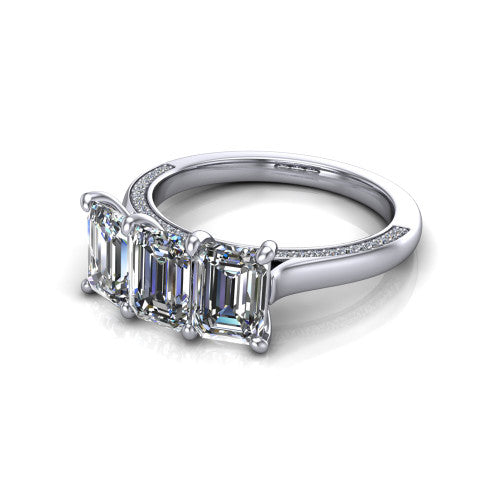 Maryam emerald three stone engagement ring in 18K White Gold, three-quarter perspective showing three emerald diamonds set side by side above a pav&eacute; band