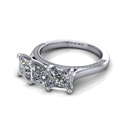 Maryam princess three stone engagement ring in 14K White Gold, three-quarter perspective showing three princess diamonds set side by side above a pav&eacute; band