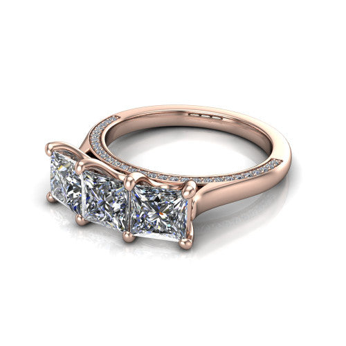 Maryam princess three stone engagement ring in 14K Rose Gold, three-quarter perspective showing three princess diamonds set side by side above a pav&eacute; band