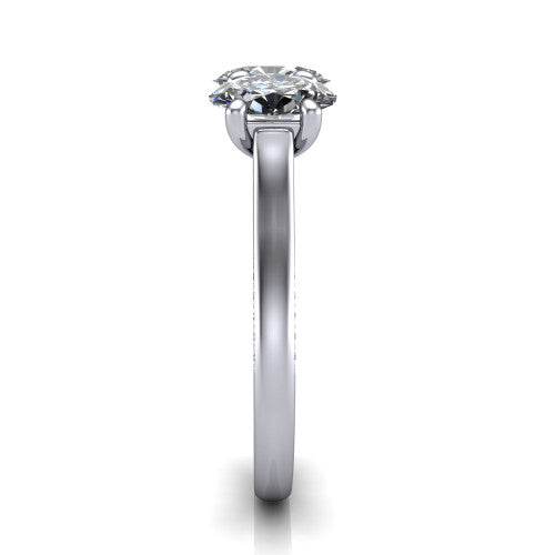 Maryam oval three stone engagement ring in 14K White Gold, side profile showing the pav&eacute; band with milgrain edges and the raised three-stone setting