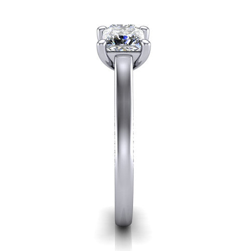 Maryam princess three stone engagement ring in 18K White Gold, side profile showing the pav&eacute; band with milgrain edges and the raised three-stone setting