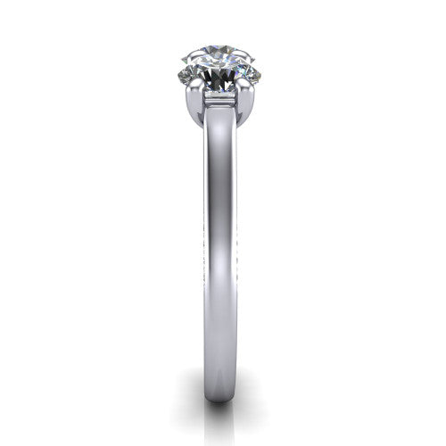 Maryam round three stone engagement ring in 14K White Gold, side profile showing the pav&eacute; band with milgrain edges and the raised three-stone setting