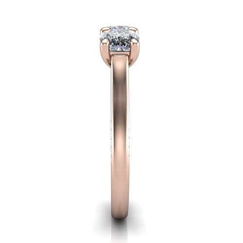 Maryam cushion three stone engagement ring in 14K Rose Gold, side profile showing the pav&eacute; band with milgrain edges and the raised three-stone setting