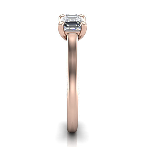 Maryam square emerald three stone engagement ring in 14K Rose Gold, side profile showing the pav&eacute; band with milgrain edges and the raised three-stone setting