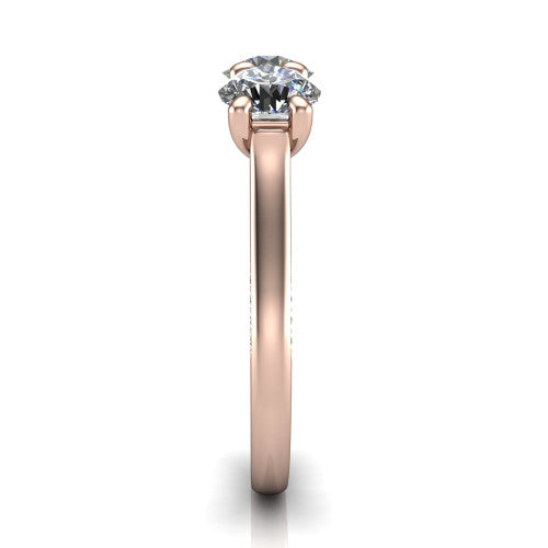 Maryam round three stone engagement ring in 14K Rose Gold, side profile showing the pav&eacute; band with milgrain edges and the raised three-stone setting