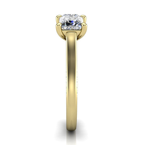 Maryam princess three stone engagement ring in 18K Yellow Gold, side profile showing the pav&eacute; band with milgrain edges and the raised three-stone setting