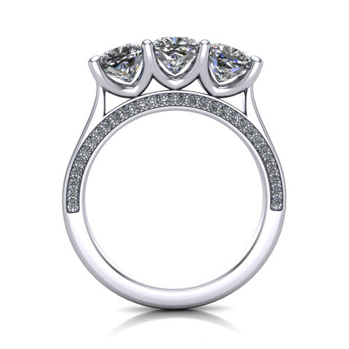Maryam cushion three stone engagement ring in 14K White Gold, through-finger front profile showing the three-stone head and diamond-accented gallery above the pav&eacute; band