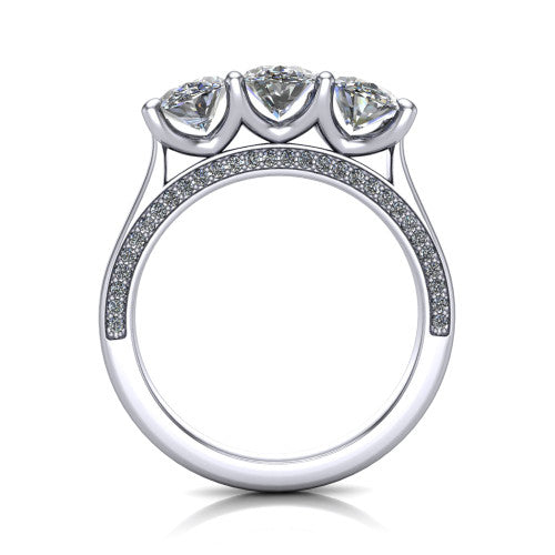 Maryam oval three stone engagement ring in 14K White Gold, through-finger front profile showing the three-stone head and diamond-accented gallery above the pav&eacute; band